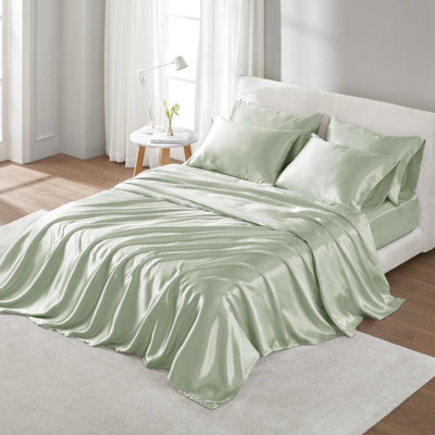 Twin 4 Pcs Luxury Sage Satin Sheet - , Helps Tame Frizz, Reduces Breakage, Wrinkle , Fitted For 16" Mattresses Reduce Fits Mattresses, With Flat
