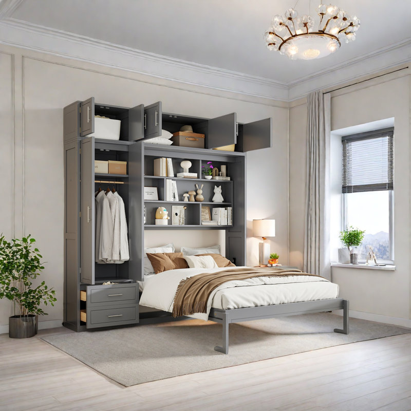 Queen Size Wall Murphy Bed With Top Cabinet,Shelves And Wardrobe, Space Saving Foldable Bed, Grey