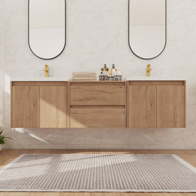 72" Double Wall Mounted Bathroom Vanity with Resin Sink, Floating Bathroom Vanity With 4 Doors And 2 Drawers