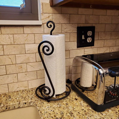 Matte Black Swirl Metal Paper Towel Holder Freestanding Farmhouse Style Tissue Stand for Kitchen Bathroom Countertop