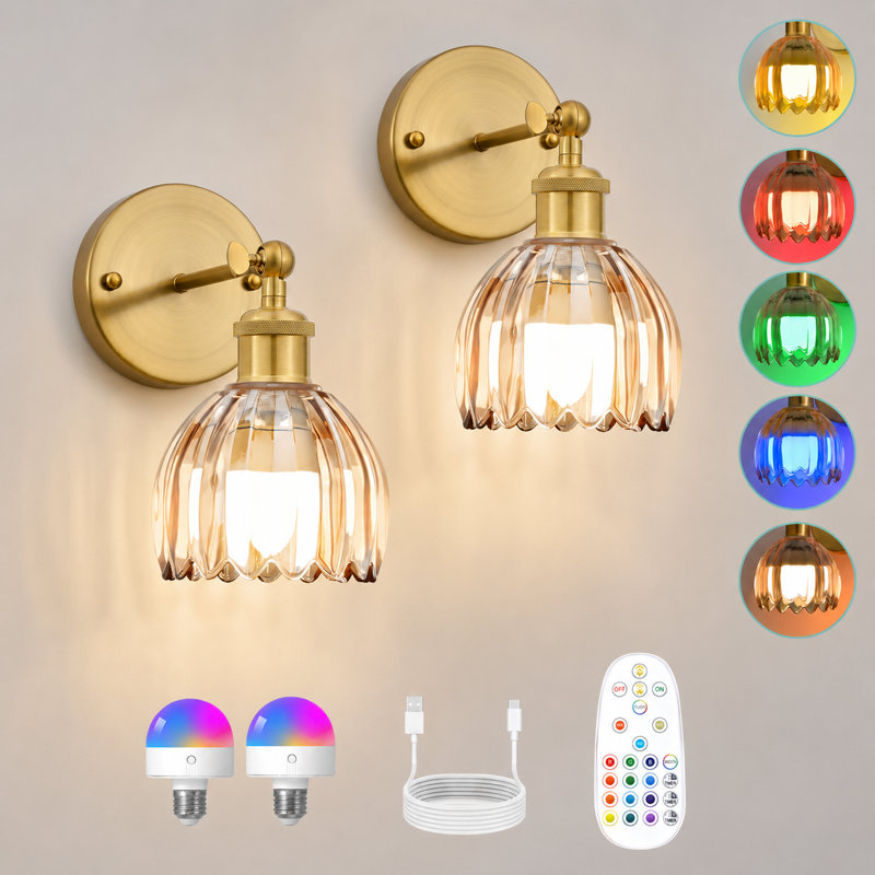 Rgb Rechargeable Wall Sconce With Amber Tulip Glass,Multifunctional Gold Wireless Wall Sconces((Set Of 2), Brushed Gold