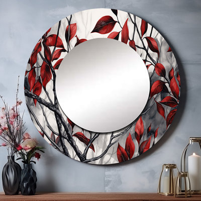 Red Grey Leaves On Tree VI - Floral Decorative Wall Mirror, Red Large Round Mirror, Printed Metal Art