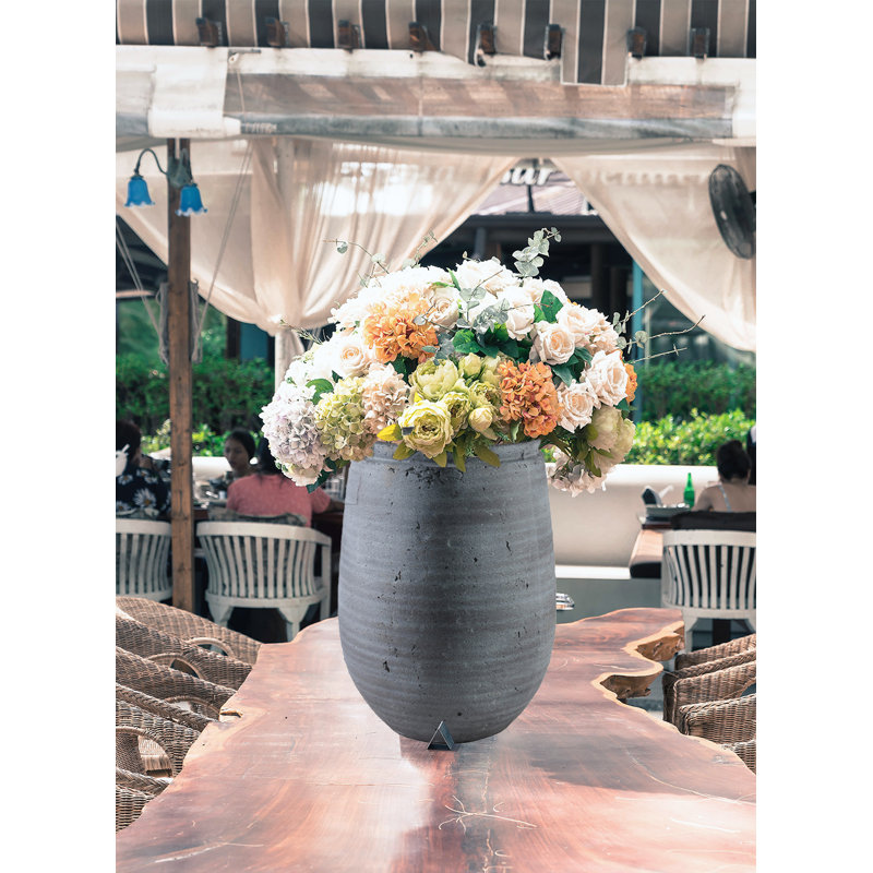 Gracie Oaks Gray Aged Stone Planter Vase - Decorative Indoor/Outdoor Flower Pot, Textured Stone Finish, Planter & Cachepot, Timeless Home Décor For Plants & Flowers, 10" Diameter & 12" Tall, Pack Of 1