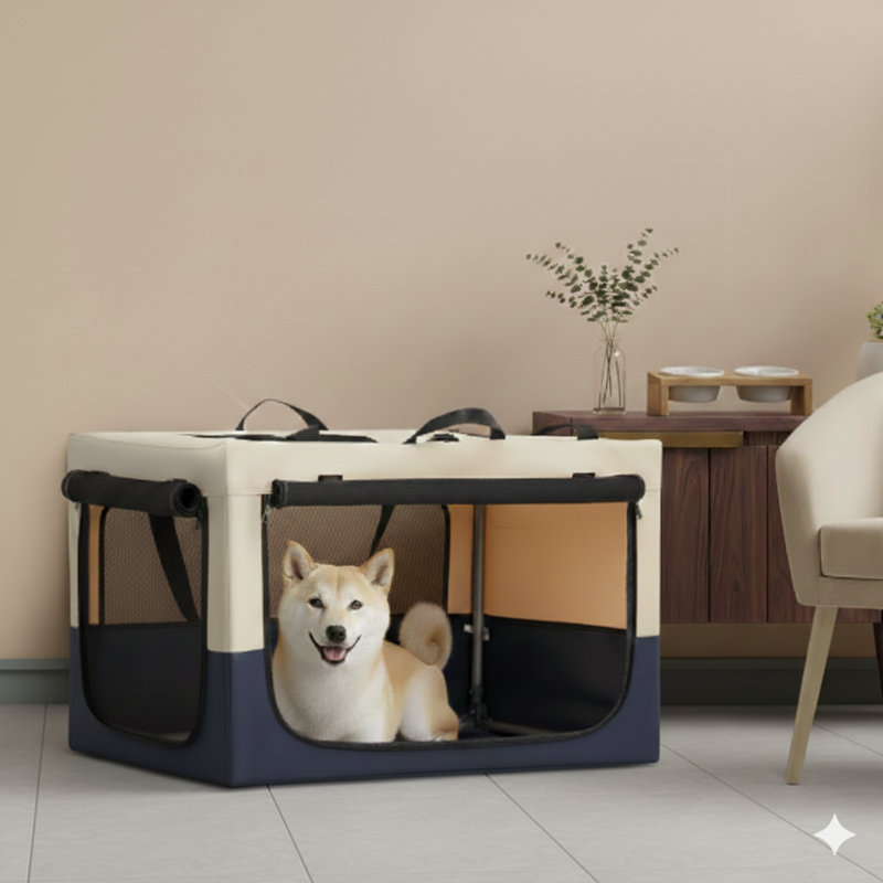 Cage de voyage Canine avec une housse en tissu réglable supportée par un cadre de tuyau en fer spiralé, des coutures renforcées et une conception à 3 portes