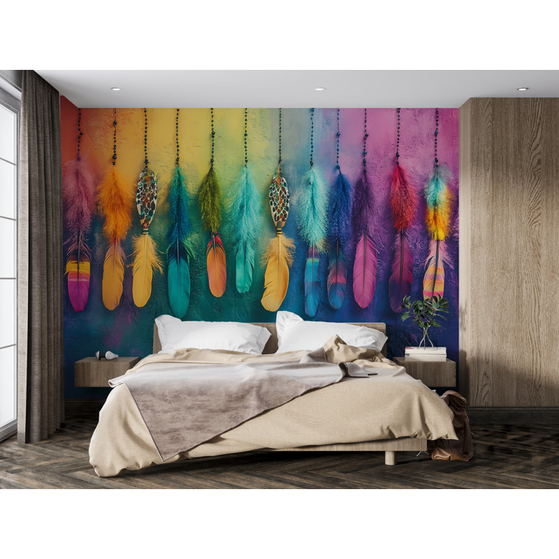 Plumes colorées de bohème colorées sur le mur - brins de plumes multicolores pour le papier peint décoratif de décoration intérieure - déclaration artistique vibrante (non tissé)