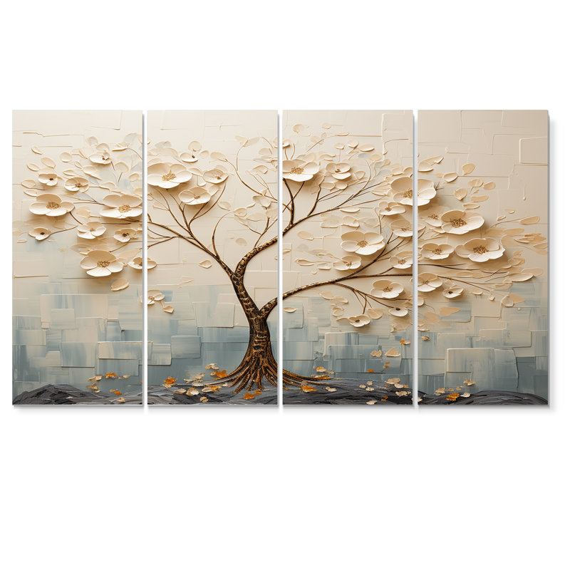 Arbre avec fleurs blanches, gloire du matin, art mural floral 4 pièces, H 28 po x l 48 po