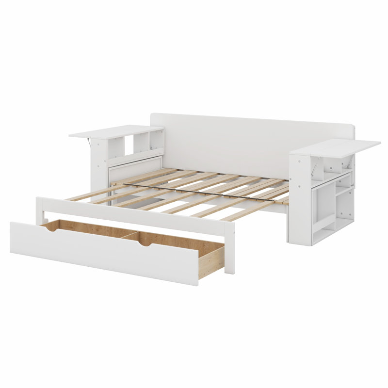 Lit de jour avec bureau amovible, tiroirs de rangement et table d'appoint hydraulique, Lit double , Blanc