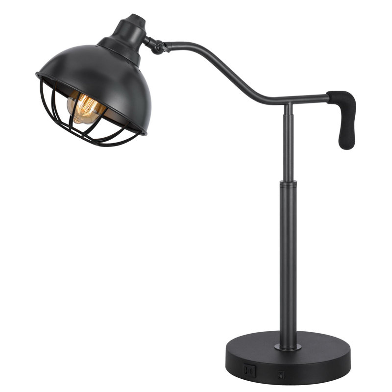Lampe de bureau Taloga en métal - 68,5 cm (27 po) de hauteur, en fer noir avec abat-jour grillagé réglable, 60 W, culot E26, 1 port de charge USB et 1 port USB-C, base lestée. Ampoule non incluse.