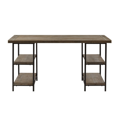 Bureau de 60 po de largeur avec surface en bois récupéré gris et étagères en bois à structure métallique, base, 4 espaces de rangement