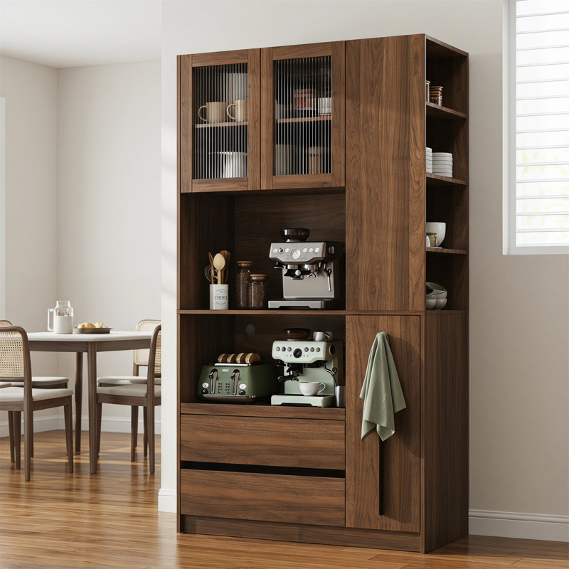 Armoire de cuisine de 70,87 pouces de hauteur avec une étagère coulissante multifonctionnelle, quatre tablettes latérales et deux tiroirs, idéale pour la salle à manger