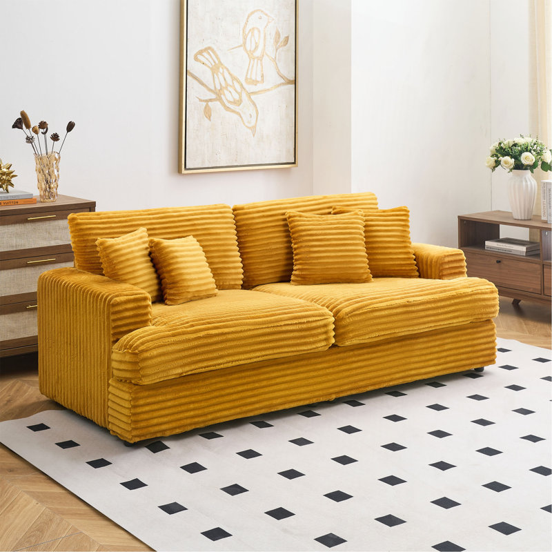 88.58" Corduroy 3-Seater Sofa, Spacious And Comfortable. Paired With 4 Throw Pillows In The Same Color, It Adds An Elegant Touch To A Modern Living Room.Orange