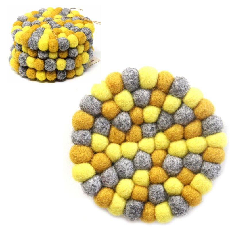 Ensemble de sous-pieds et de sous-verres en feutre fabriqués à la main - 6 - 4, Jaune