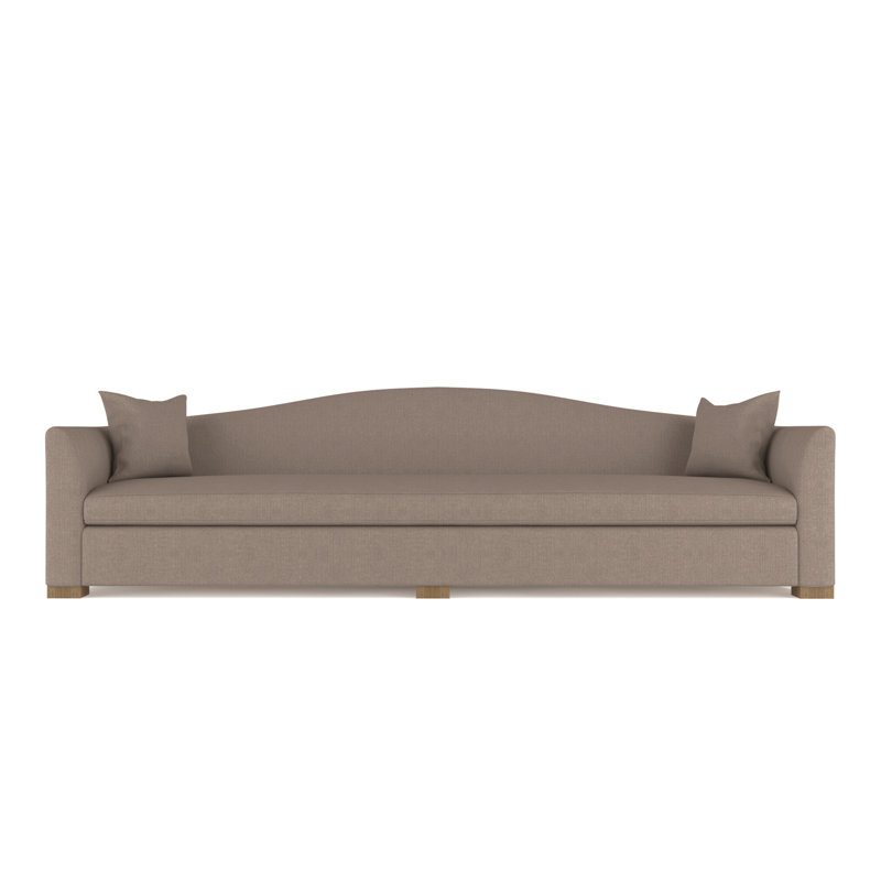 Horatio Camelback Taper Curved-Arm Extra Long Sofa, Ebony, Box Weave Linen Blue Print, 33" H x 120" W x 36" D