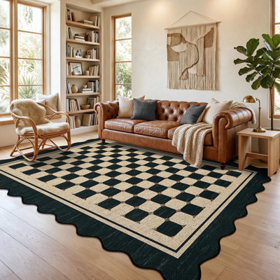 Tapis festonné Easy Jute - à carreaux modernes - Tapis antidérapant lavable pour le salon, la chambre à coucher, la salle à manger, la cuisine, le porche, le vestibule