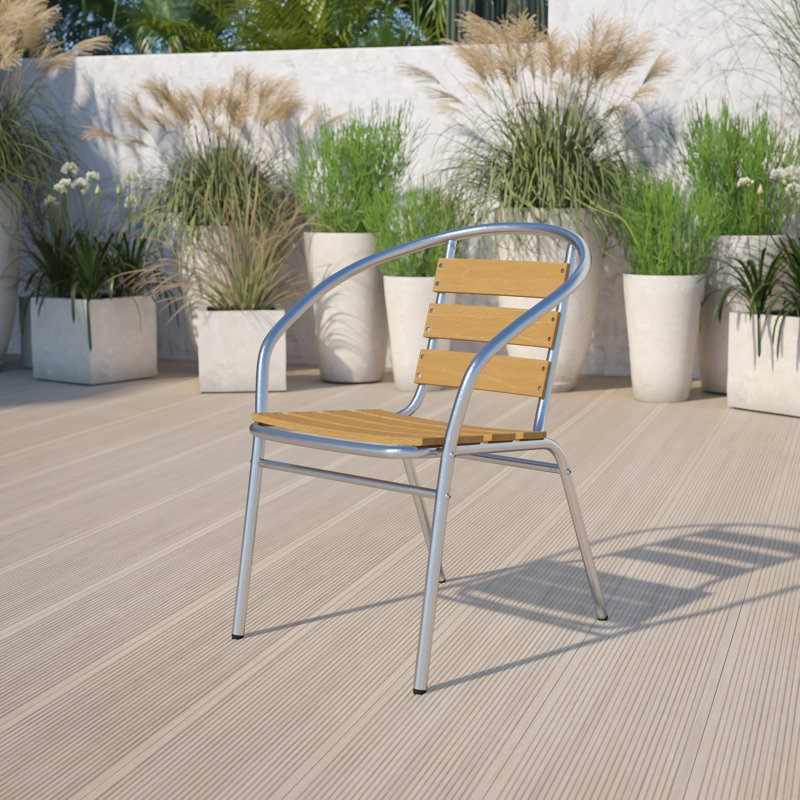 Chrisoula Modern Aluminum Slat Back Stacking Patio Chairs, Silver Frame/Faux Teak Slats