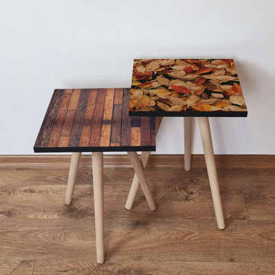 Modern Nesting Tables Set (2 Pieces), Brown & Camel with Claret Red & Beige | 100% MDF with Beech Wood Legs, Larger Table: 13.8 x 18.5 x 13.8 in, Smaller Table: 13.8 x 16.5 x 13.8 in | Stylish & Versatile for Home Décor