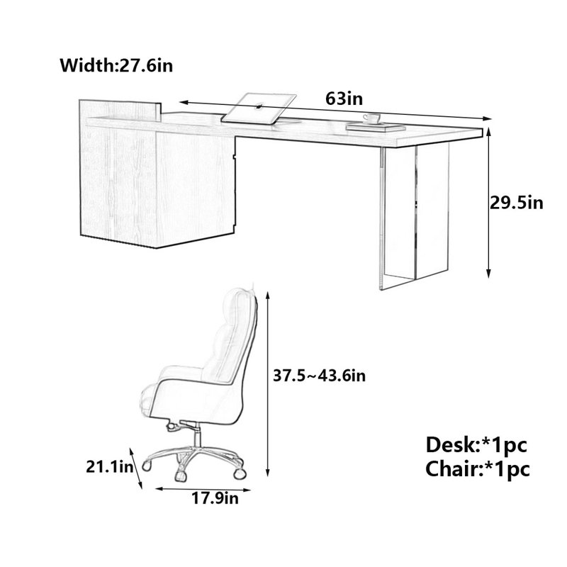 Bureau italien minimaliste italien, H 29,5 po x l 63 po x P 27,6 po