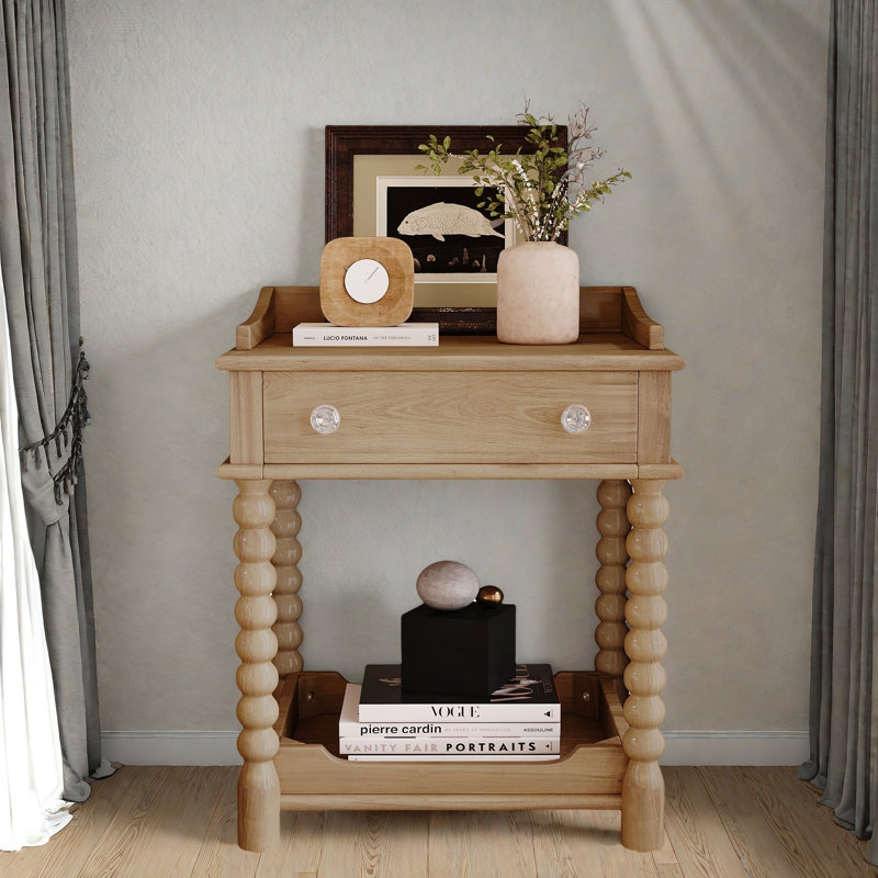 Retro Style Nightstand With 1 Drawer, An Open Shelf, Turned Legs And Metal Handles