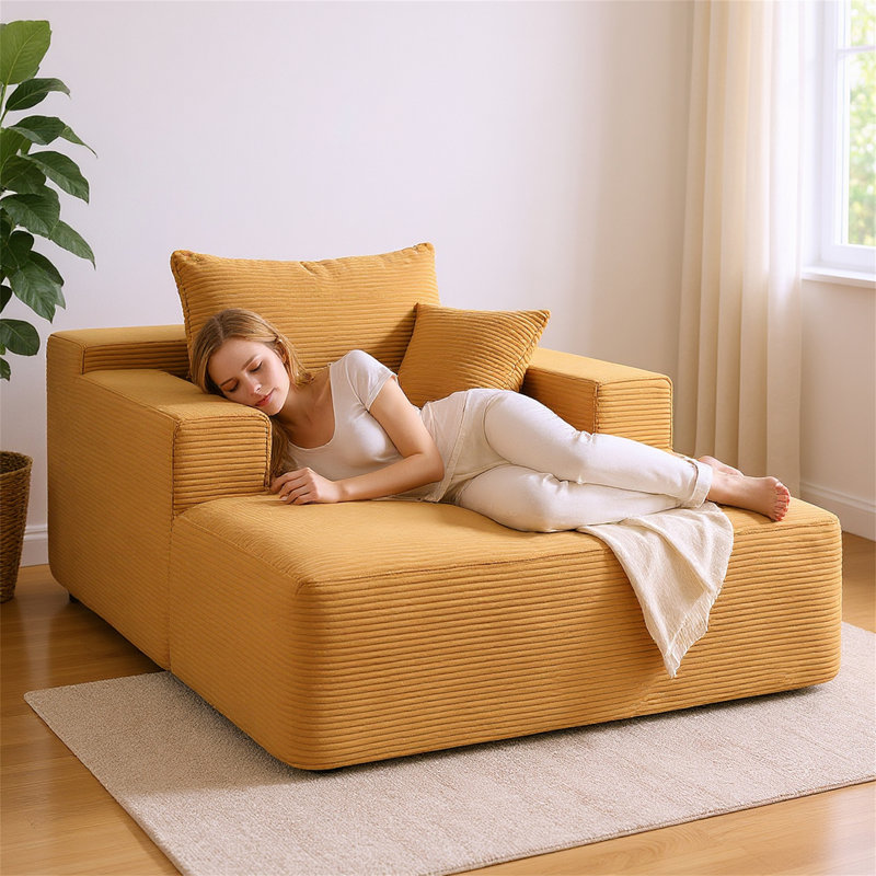 Méridienne convertible d'intérieur - Très grand canapé en velours côtelé avec accoudoirs larges et coussins décoratifs, Jaune