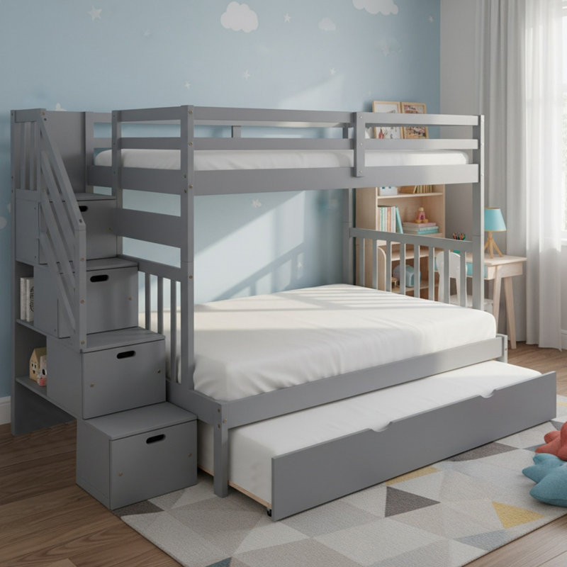 Lit superposé simple au-dessus d'un lit double en bois massif avec lit gigogne simple pour chambre à coucher, Gris