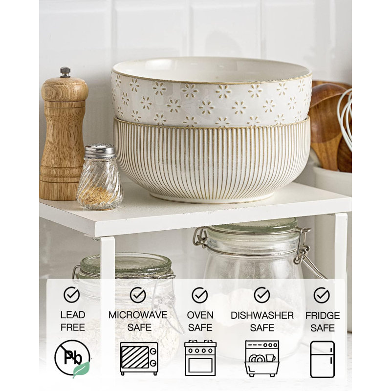 Ensemble de 2 bols de service en céramique, grands bols à salade de style campagnard de 60 oz, allant au micro-ondes et au lave-vaisselle, rayures en relief et étoiles, bols de cuisine décoratifs