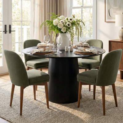 Ensemble de salle à manger moderne de 5 pièces pour 4 personnes avec table ronde noire à pied central de 42 pouces et 4 chaises de salle à manger rembourrées