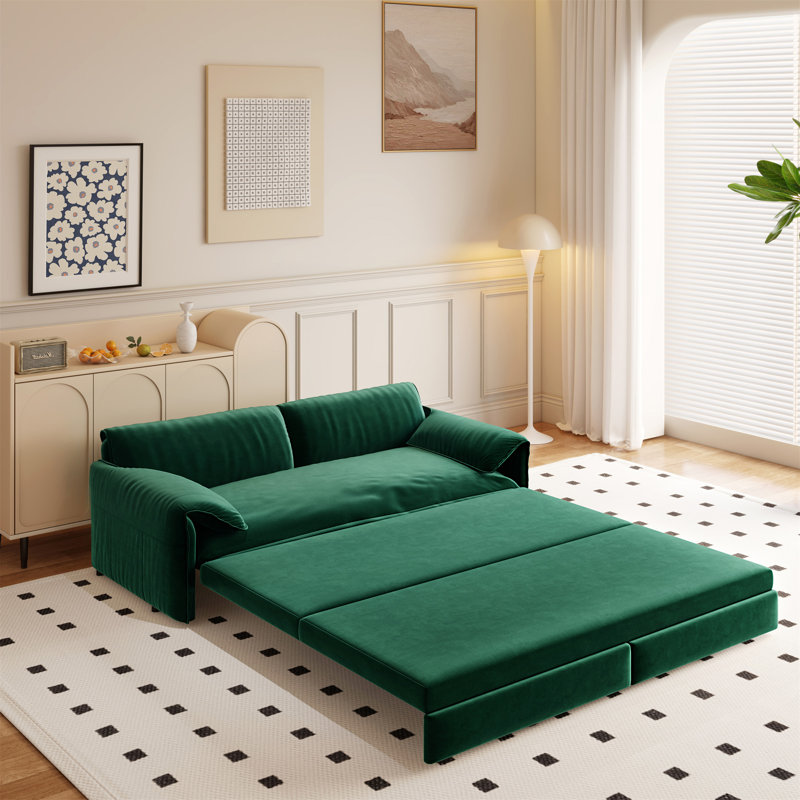 66" Queen Pull Out Sofa Bed, 3-in-1 Convertible Sleeper Sofa Multi-Functional Velvet Loveseat Bed, Green