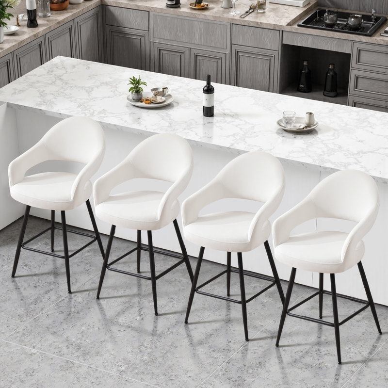 Swivel Upholstered Counter Stool with Curved Back and Metal Frame (Set of 4), 4, White