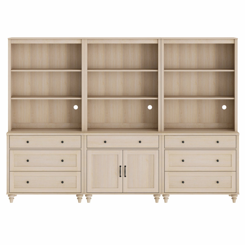 72.1"H X 101.6"W 3-Tier Bookcase With 7 Drawers And 2 Doors, Set Of 3 Bookcases Farmhouse Bookshelves For Living Room Bedroom Home Office Kitchen, Beige