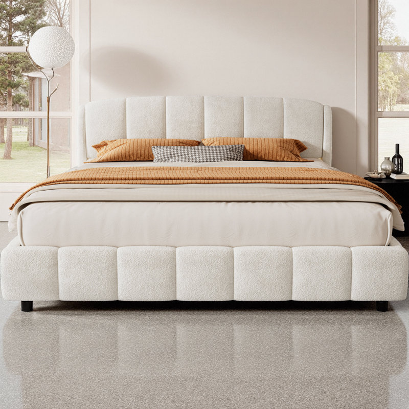 Lit plateforme très grand avec boucle, lit plateforme tapissier en tissu doux avec tête de lit courbée, beige