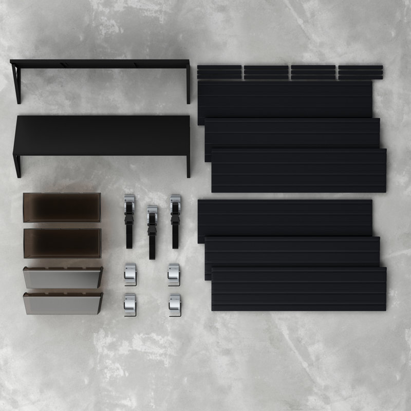 Flow Wall 14 Piece Slatwall Panel, Heavy Duty Shelf, Bin & Hook Storage Set - Slatwall, Black