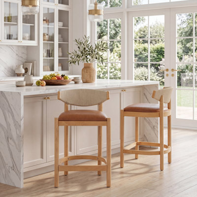 Olivia 26.77" Seat Height PU Leather Counter Stool with Woven Rope Back & Rubberwood Frame