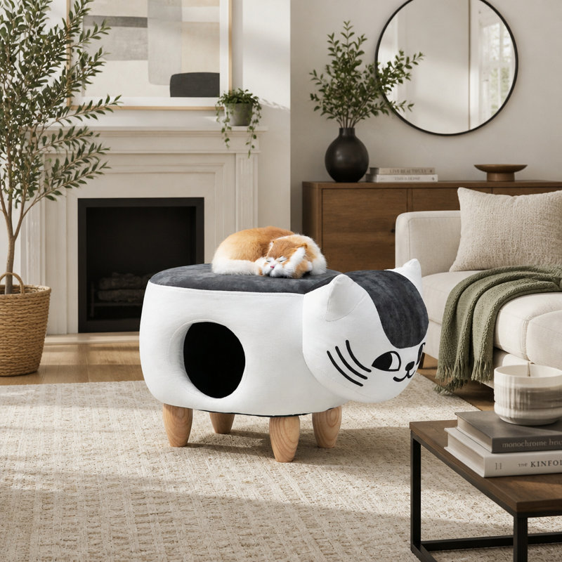 Repose-pieds pour chat avec rangement caché et pieds en bois massif