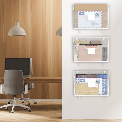 3-Pack WHITE Mesh Wall File Organizer, Hanging Document Holder With Hooks For Home & Office Storage
