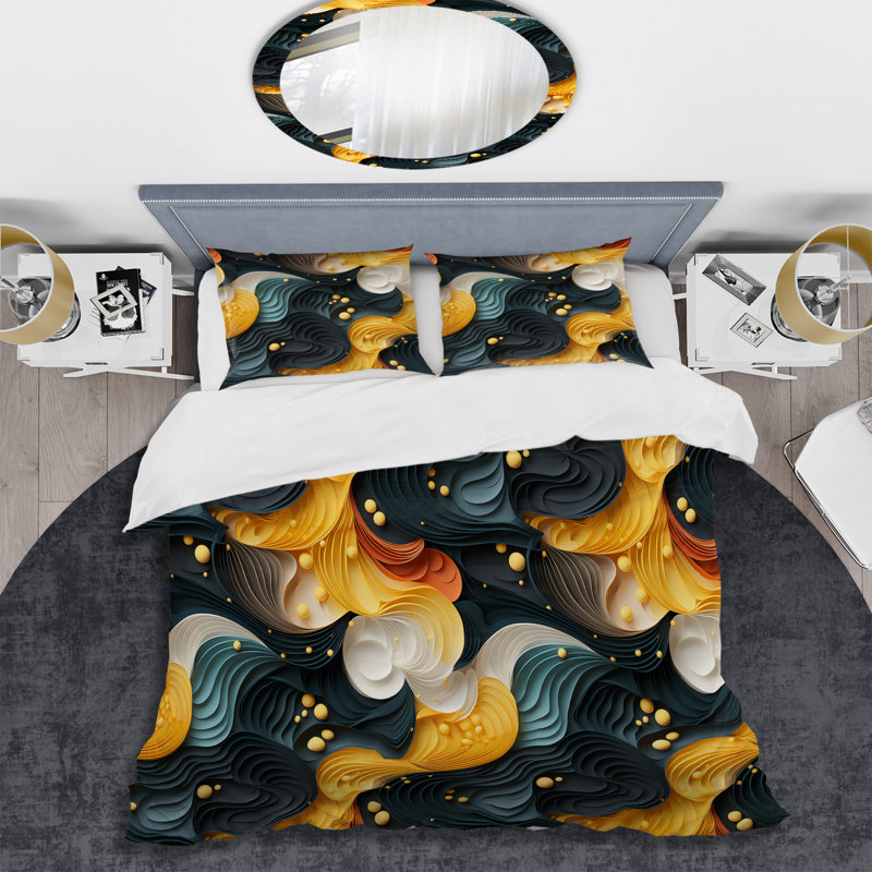 Ensemble de housse de couette jaune et noir en microfibre Fusion III, Housse de couette pour grand lit et 2 taies décor