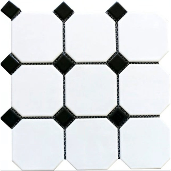 4" White Octagon Matte with Shicny Black Dot Mosaic tile For Floors - Box of 10 sheets
