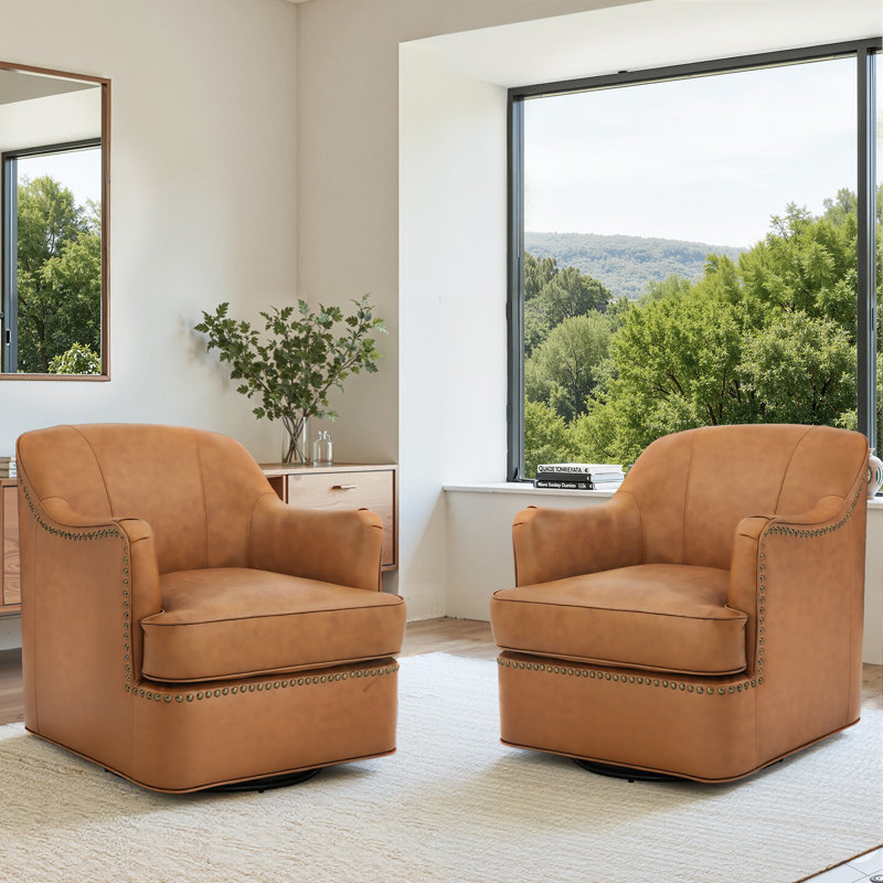Fauteuil demi-tonneau pivotant en cuir véritable Fazio, Brun whisky