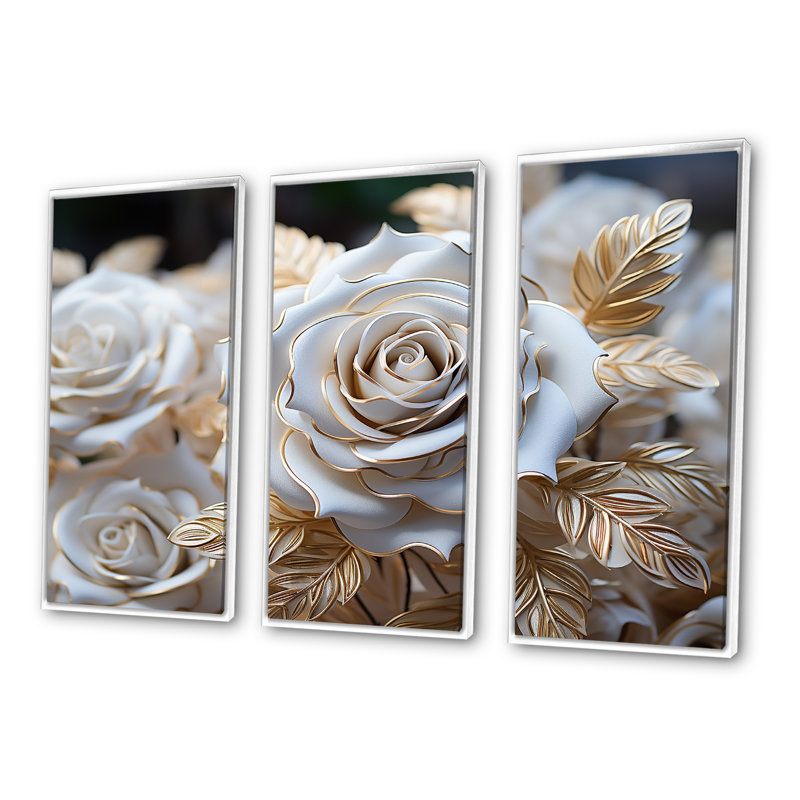 Ensemble de salon art mural blanc et or rose passion - roses, H 28 po x l 36 po x P 1 po, Cadre flottant blanc