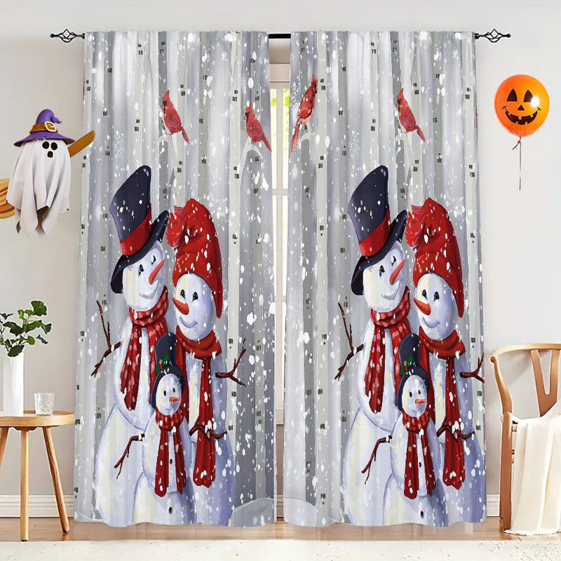 2Pcs Christmas Snowman Family Curtains Rod Pocket  Light Filtering Window Drapes with Red Cardinals Winter Design Holiday Treatments for Living Room Bedroom Kitchen Office Grey Snowflake Pattern Privacy