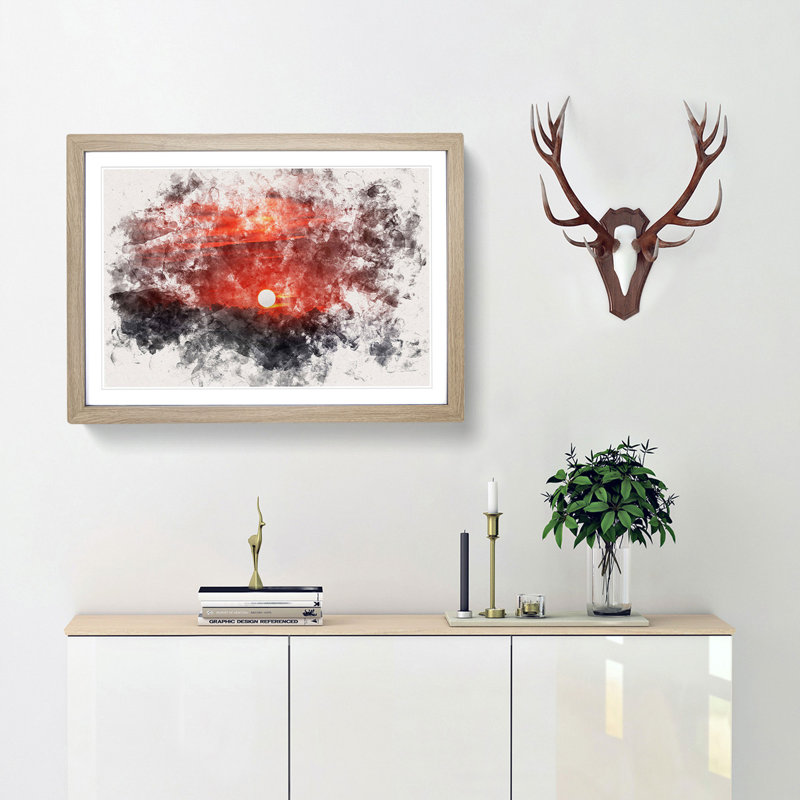 Deep Red Sunset In Italy - Picture Frame Painting, 62cm H x 87cm W x 2cm D, Oak Framed