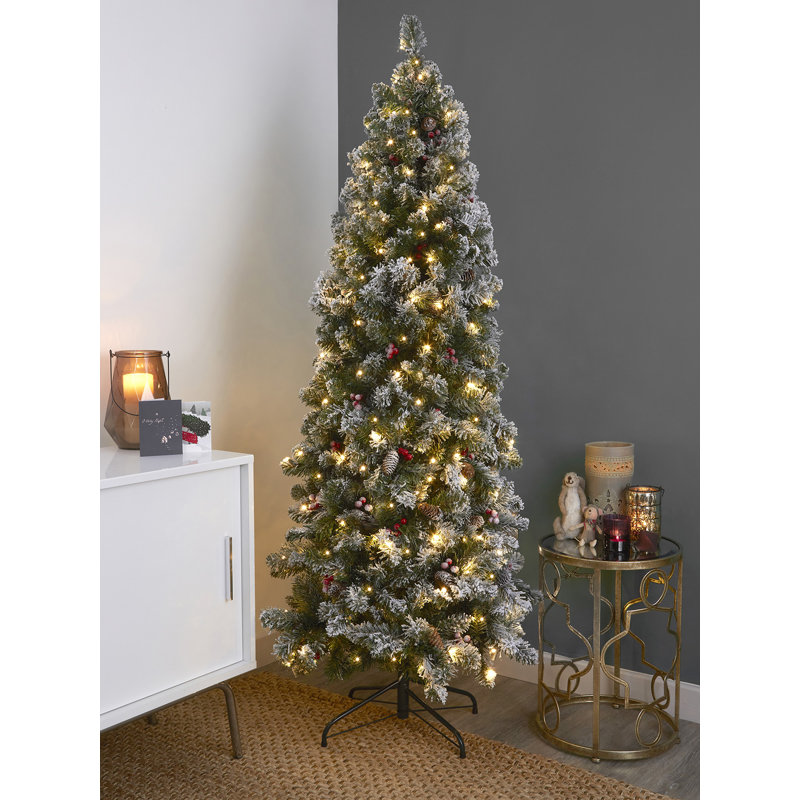 7ft Extra Full Green Spruce Flocked/Frosted Christmas Tree with 380 LED Lights, 7.02ft H