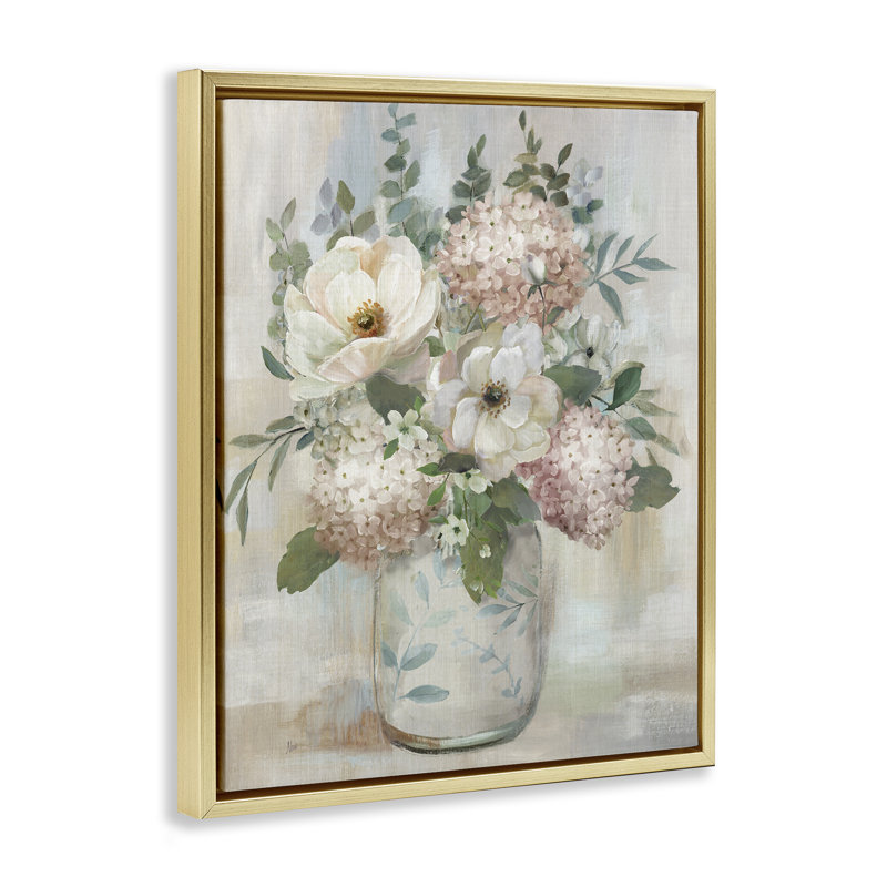 Bouquet d'hortensias et de magnolias, H 31 po x l 25 po, Cadre flottant métallique doré