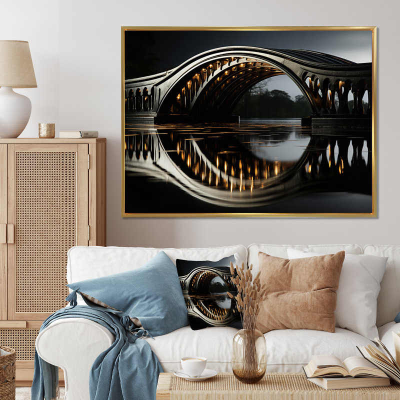 Pont noir avec reflets onyx - architecture, art mural, salon, H 30 po x l 40 po x P 1,5 po, Cadre flottant doré