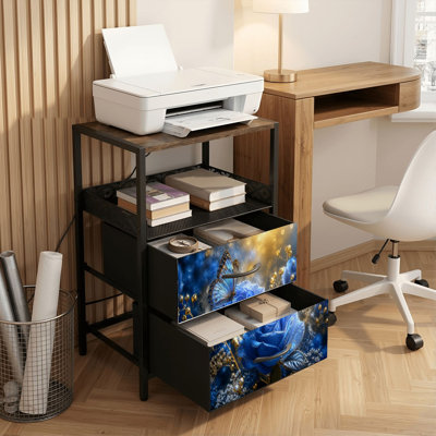 Table de chevet 2 tiroirs avec station de charge, table de chevet pour chambre à coucher avec ports USB, tablette ouverte noire, table de chevet avec imprimé de papillons bleus