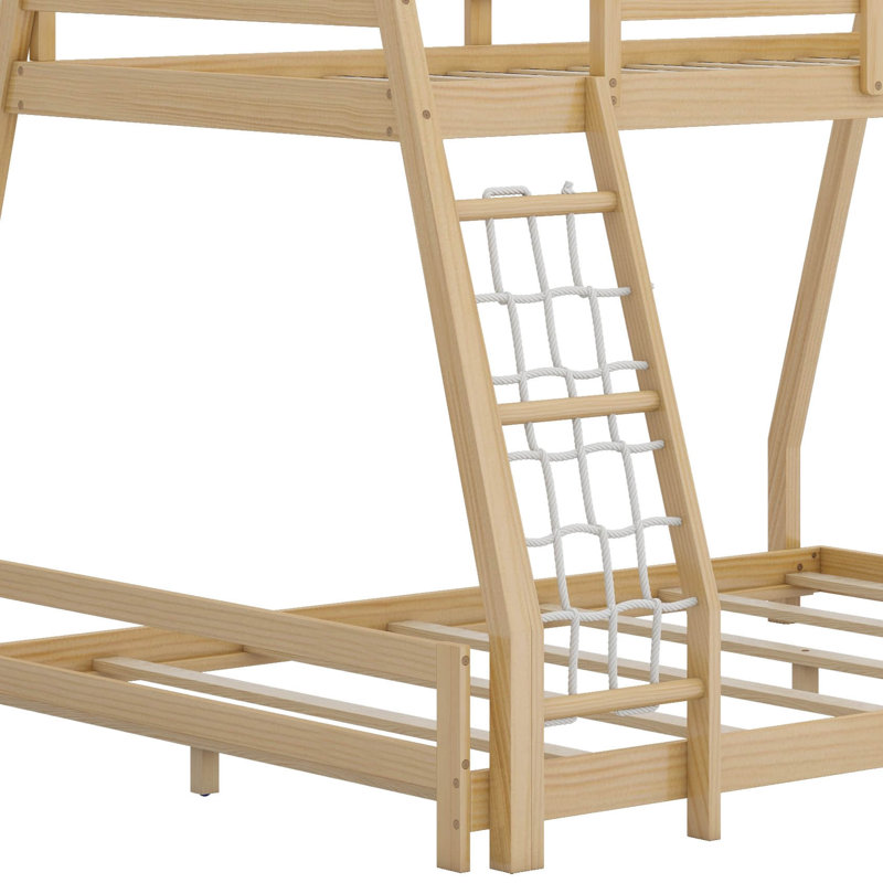 Lit superposé simple en bois au-dessus d'un grand lit, lit superposé maison avec filets d'escalade et rampe, Naturel