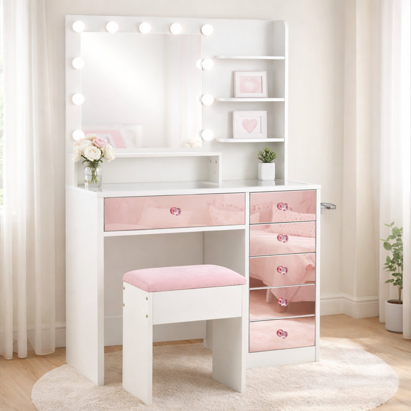 37" Makeup Vanity Set With Stool, Hollywood Lighted Mirror, Wood, Pink Mirrored Drawers, Contemporary, Bedroom Dressing Area