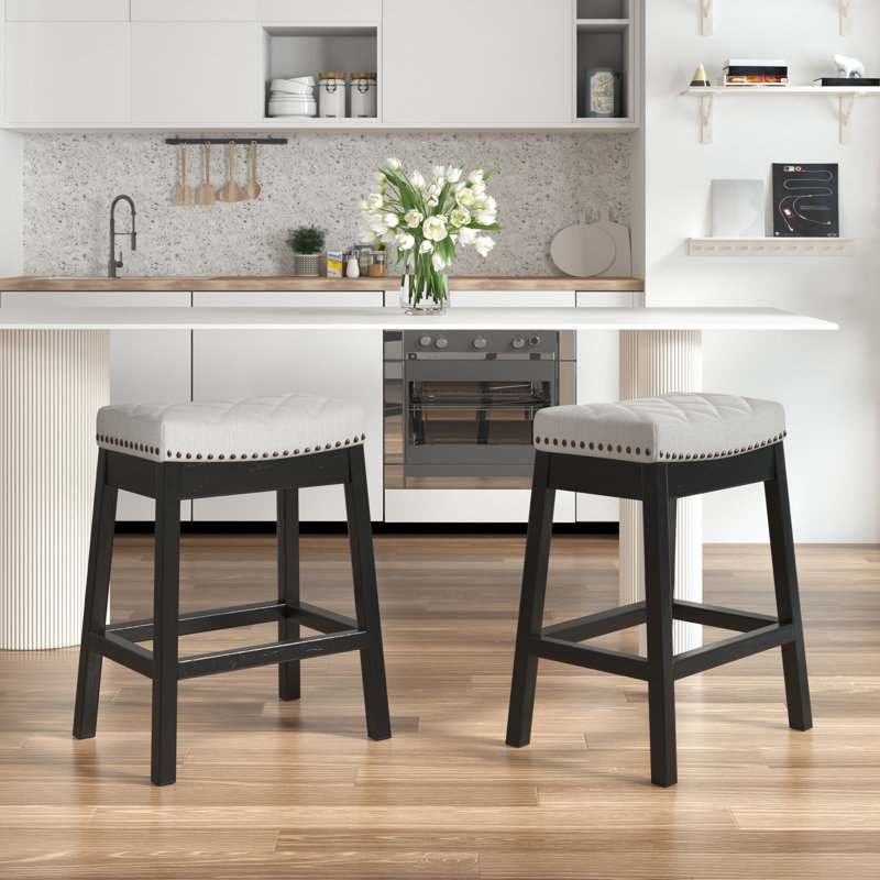  Counter Stool With Solid Wood Frame, Backless Bar Stool With Upholstered Seat (set Of 2)