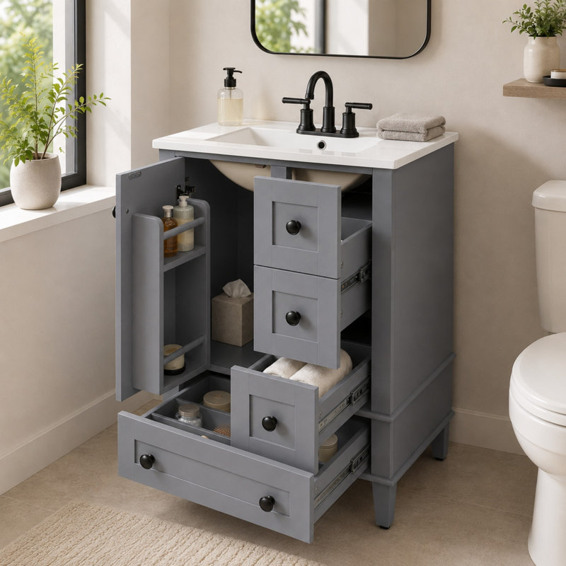Meuble-lavabo autoportant de 61 cm de largeur avec tiroir compartimenté, rangement sur porte et comptoir en céramique, Gris