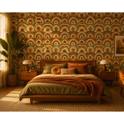Murale rétro arc-en-ciel rétro des années 70 | Papier peint à motif Mid-Century orange | Non-tissé ou pelez et collez