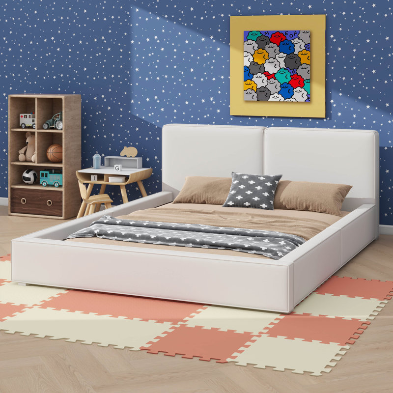 Grand lit plateforme tapissier en bois massif robuste, Beige